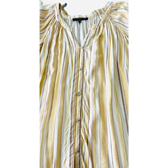 COMO BLACK WOMEN LONG SLV BUTTON V-NECK BLOUSE, WOMANS, 3X, YELLOW TAN STRIPES - Picture 6 of 11